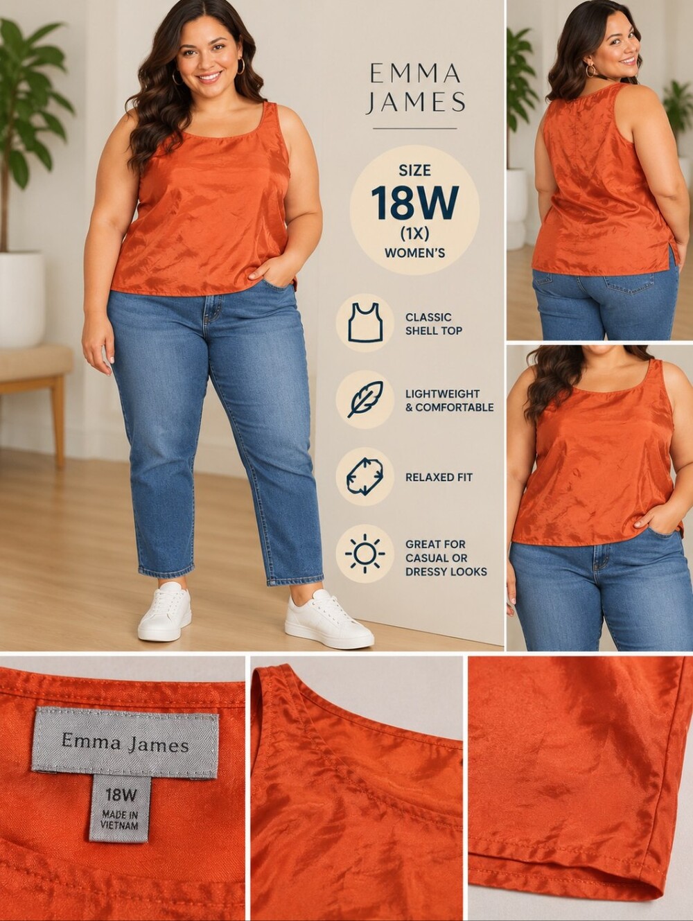 Emma James Women's 18w orange shell top #38